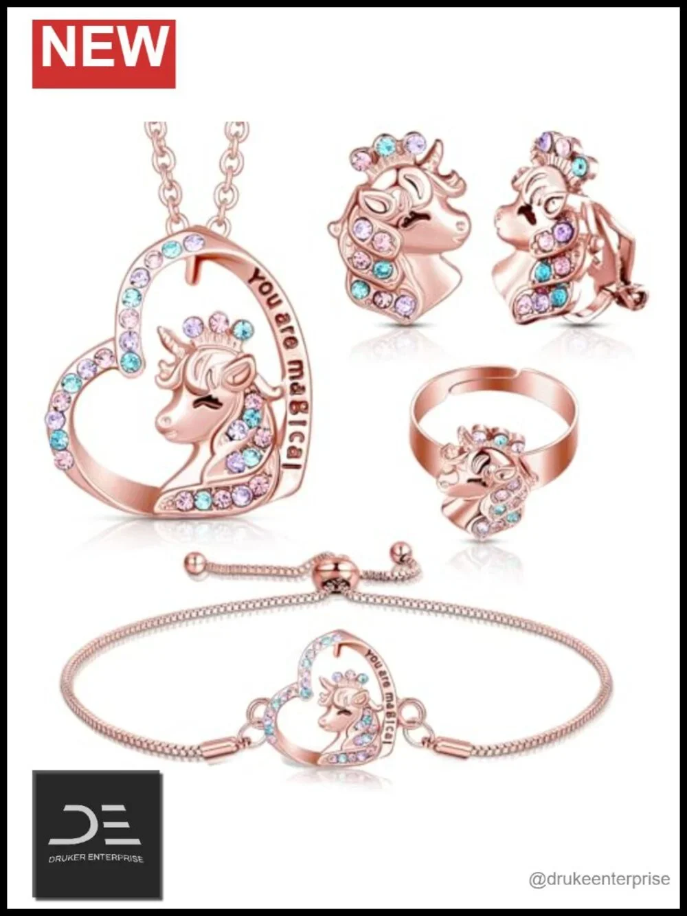 4 Pcs Girl Unicorn Axolotl Jewelry Set Necklace Bracelet Ring Clip on Earrings